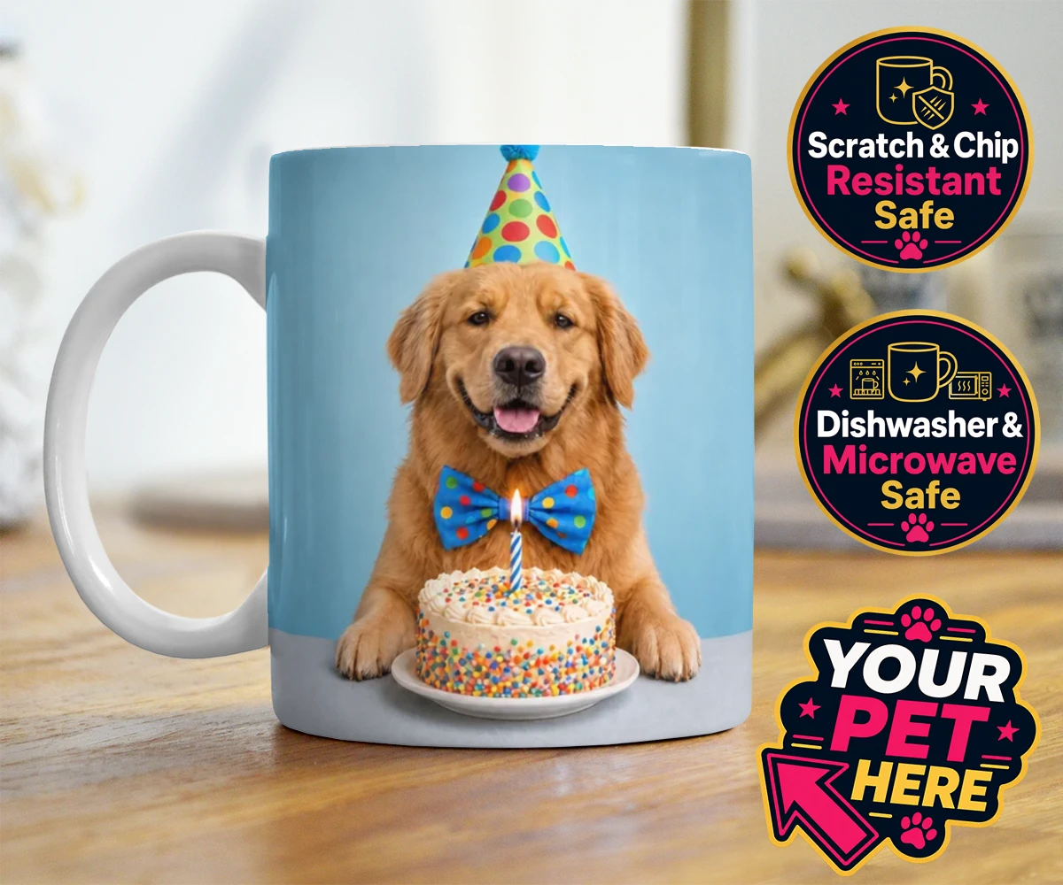 Personalised Birthday Boy dog photo mugs featuring the embodiment of joy and celebration for any dog lover!