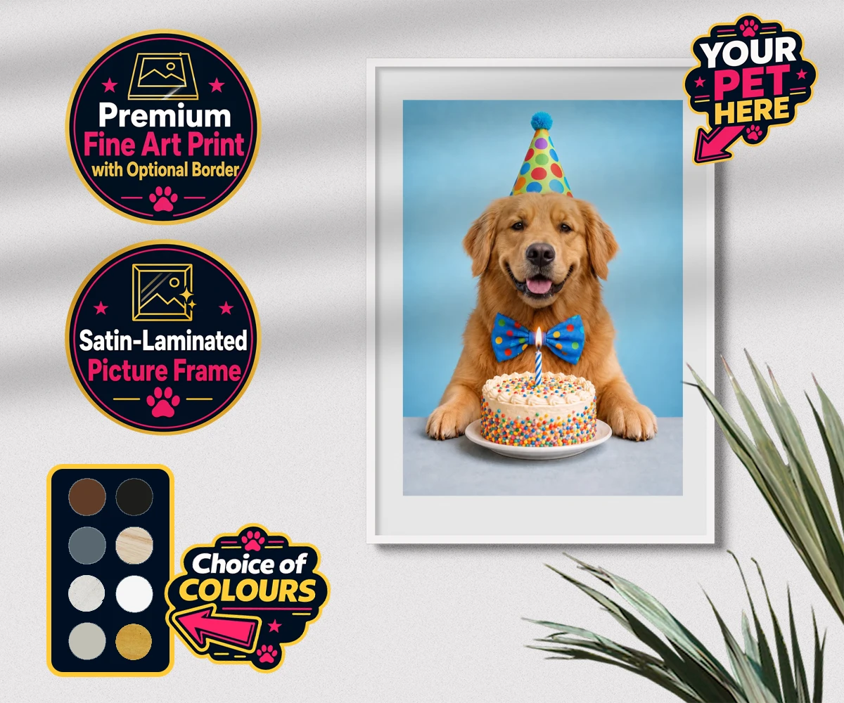 Personalised Birthday Boy dog premium framed print featuring the embodiment of joy and celebration for any dog lover!