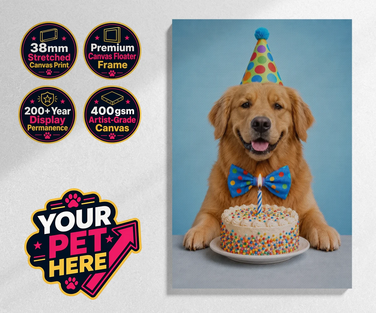 Personalised Birthday Boy dog stretched canvas print featuring the embodiment of joy and celebration for any dog lover!