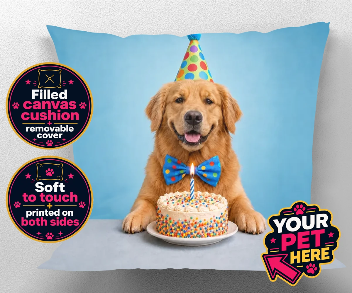Personalised Birthday Boy dog canvas cushion featuring a joyful dog in a party hat and bow tie