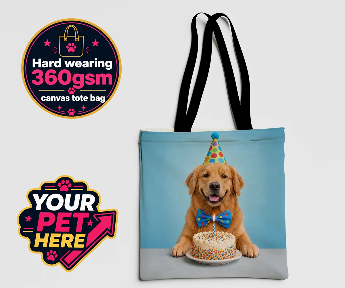 Personalised Birthday Boy dog tote bag featuring a dog wearing a party hat and bow tie in front of a birthday cake