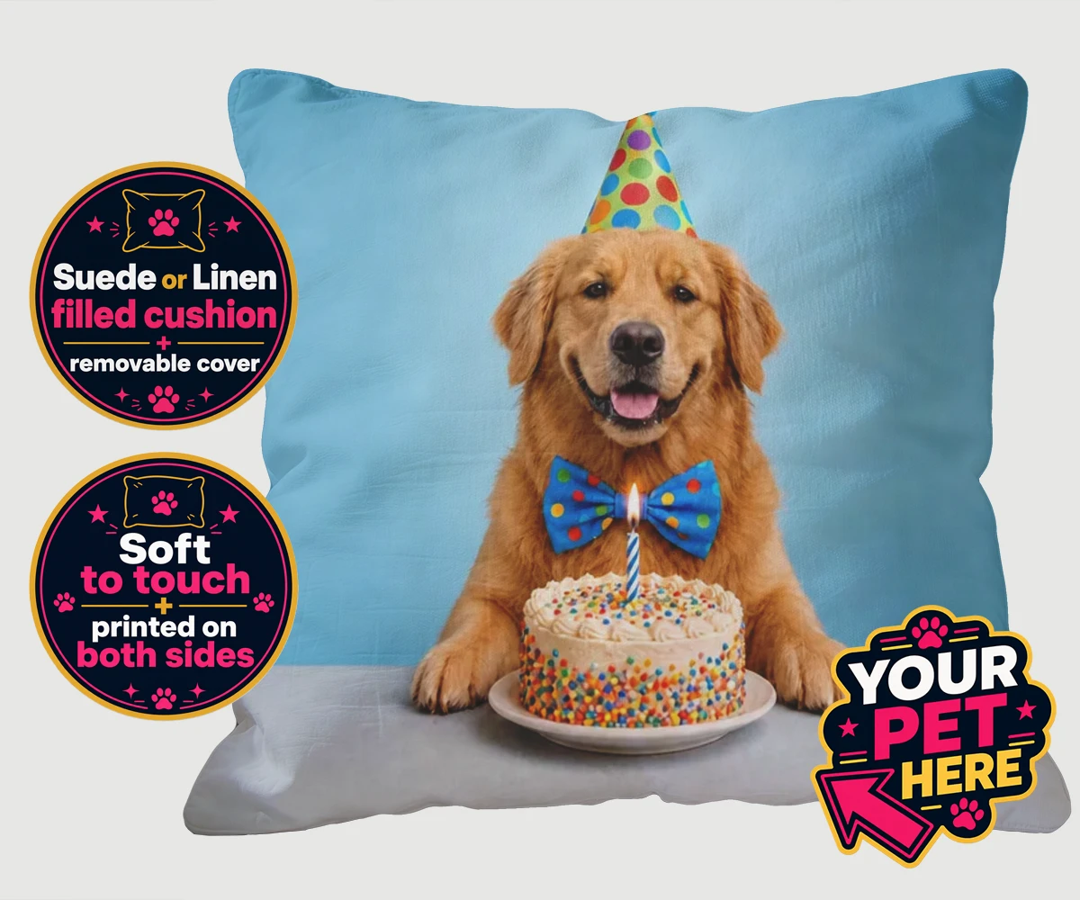 Personalised cushion featuring Birthday Boy, a dog wearing a party hat and bow tie with a birthday cake.