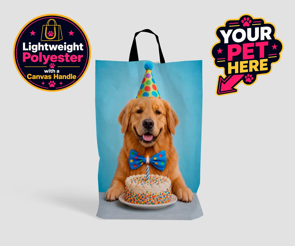 Personalised shopping bag featuring Birthday Boy dog in a party hat and bow tie