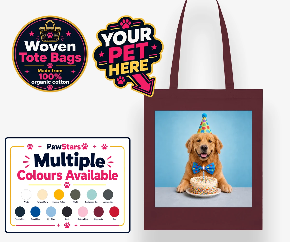 Personalised woven tote bag featuring Birthday Boy dog in a party hat and bow tie with a birthday cake