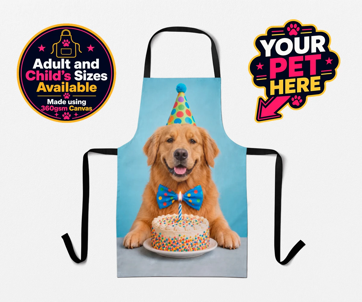 Personalised Birthday Boy dog apron featuring a happy pup with a party hat and bow tie next to a birthday cake.