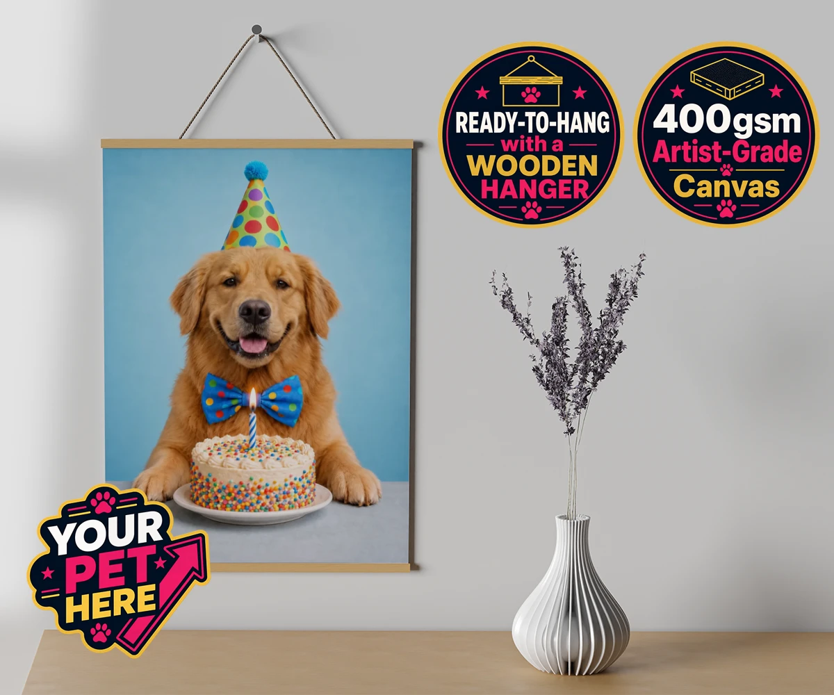 Personalised Birthday Boy dog canvas poster prints with hanger featuring the embodiment of joy and celebration for any dog lover!