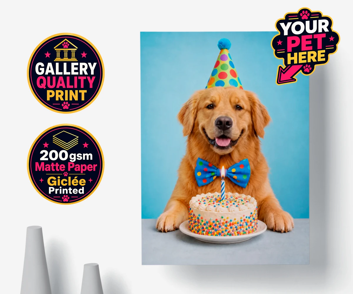Personalised Birthday Boy dog premium poster print featuring the embodiment of joy and celebration for any dog lover!