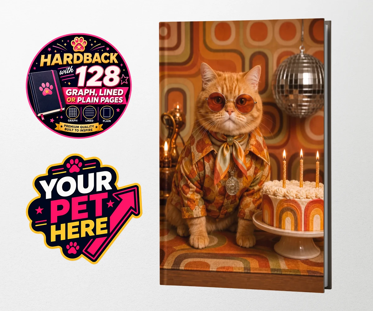 Personalised Boogie Cat cat hardback notebooks featuring meet Boogie Cat, a whimsical embodiment of feline flair and flair for