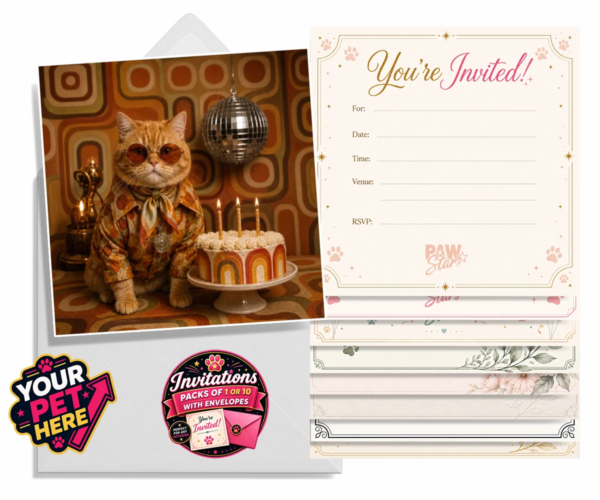 Personalised Boogie Cat cat invitations featuring meet Boogie Cat, a whimsical embodiment of feline flair and flair for