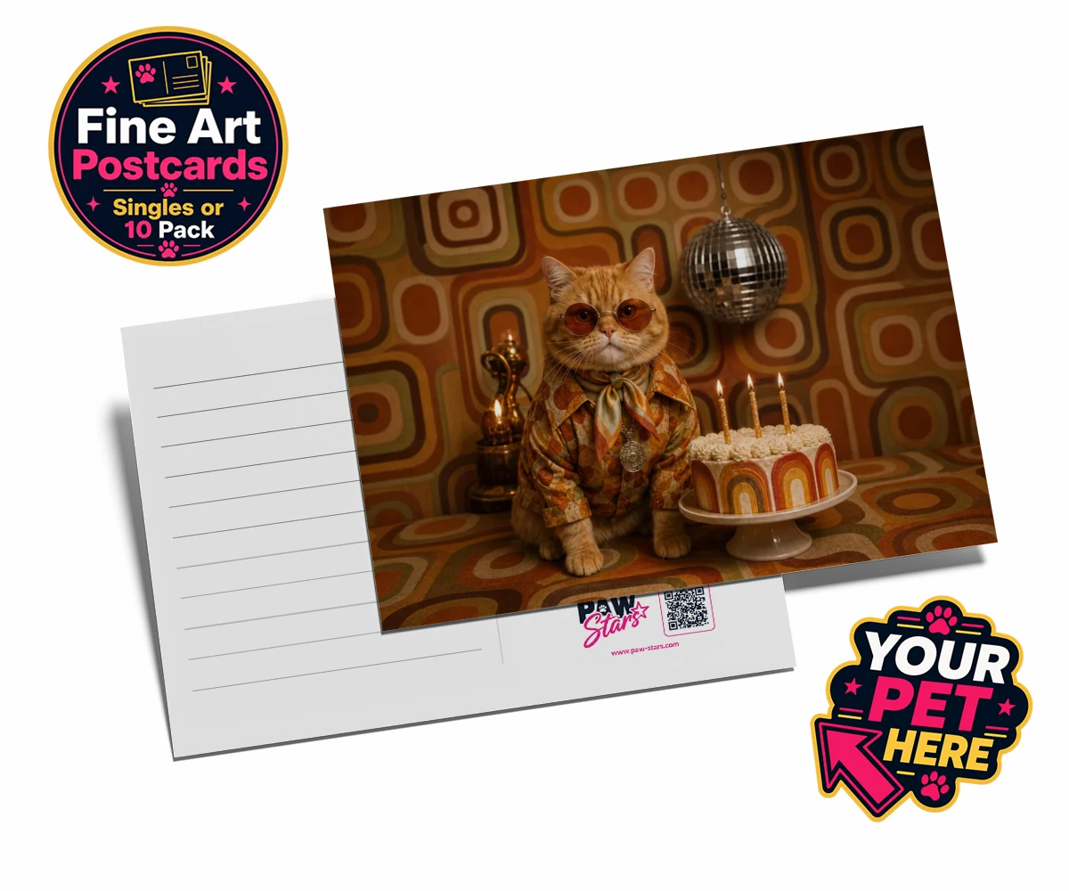Personalised Boogie Cat cat postcards featuring meet Boogie Cat, a whimsical embodiment of feline flair and flair for