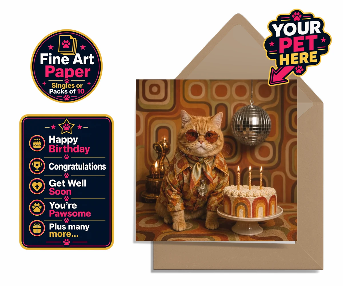 Personalised Boogie Cat cat premium greetings cards featuring meet Boogie Cat, a whimsical embodiment of feline flair and flair for