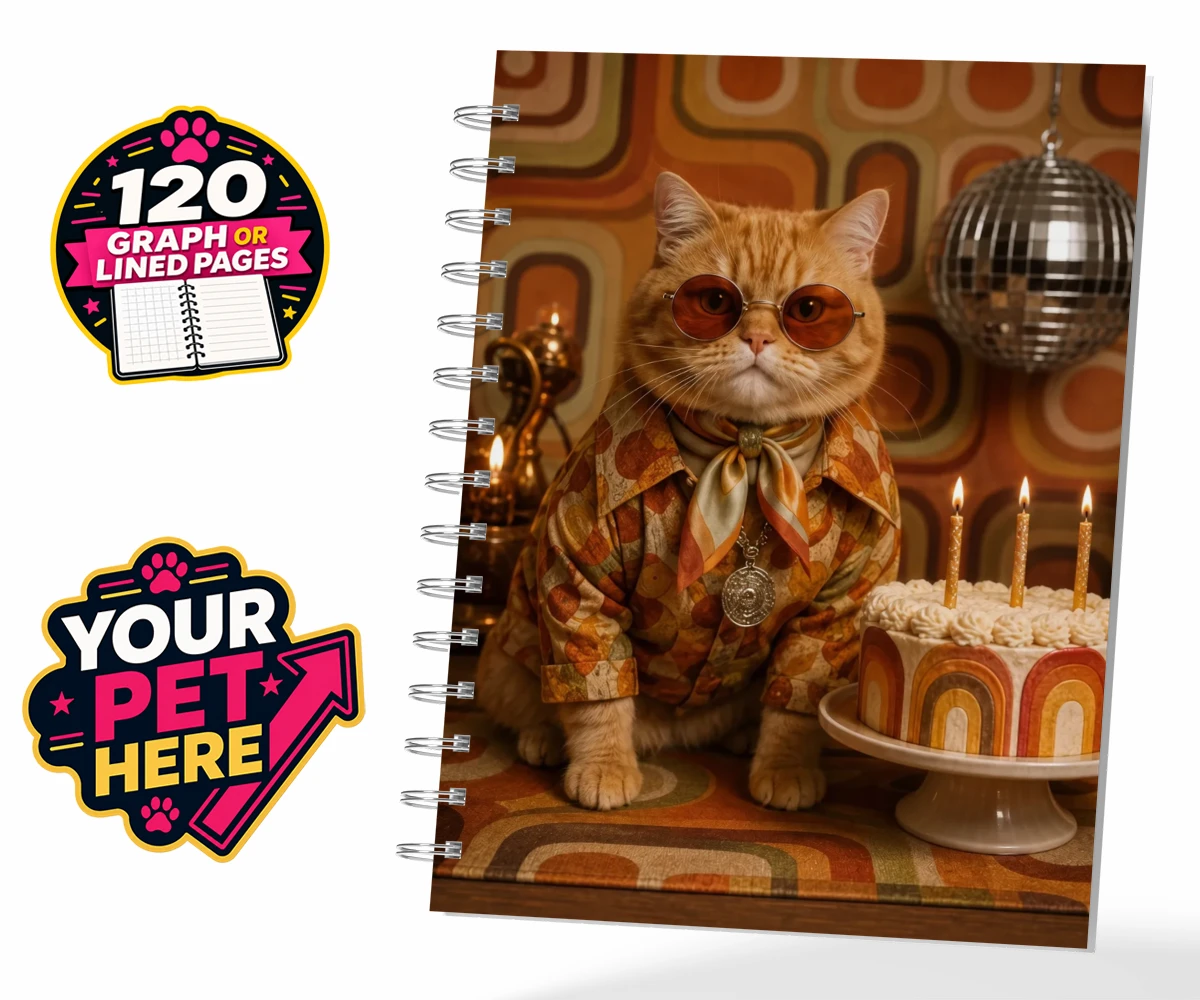 Personalised Boogie Cat cat spiral notebook featuring meet Boogie Cat, a whimsical embodiment of feline flair and flair for