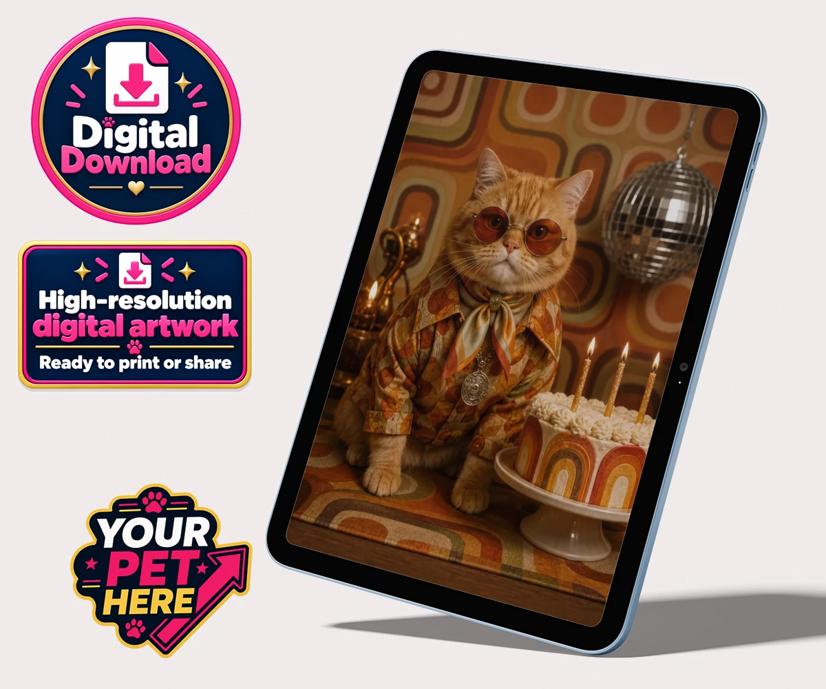 Personalised digital portrait of Boogie Cat, a cat in oversized sunglasses and a patterned shirt, with a birthday cake in a vibrant background.