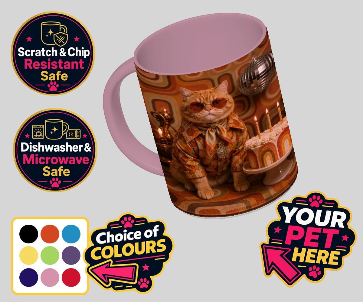 Personalised Boogie Cat cat coloured photo mugs featuring meet Boogie Cat, a whimsical embodiment of feline flair and flair for