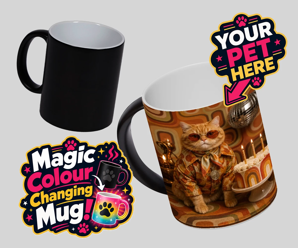 Personalised Boogie Cat cat magic photo mugs featuring meet Boogie Cat, a whimsical embodiment of feline flair and flair for