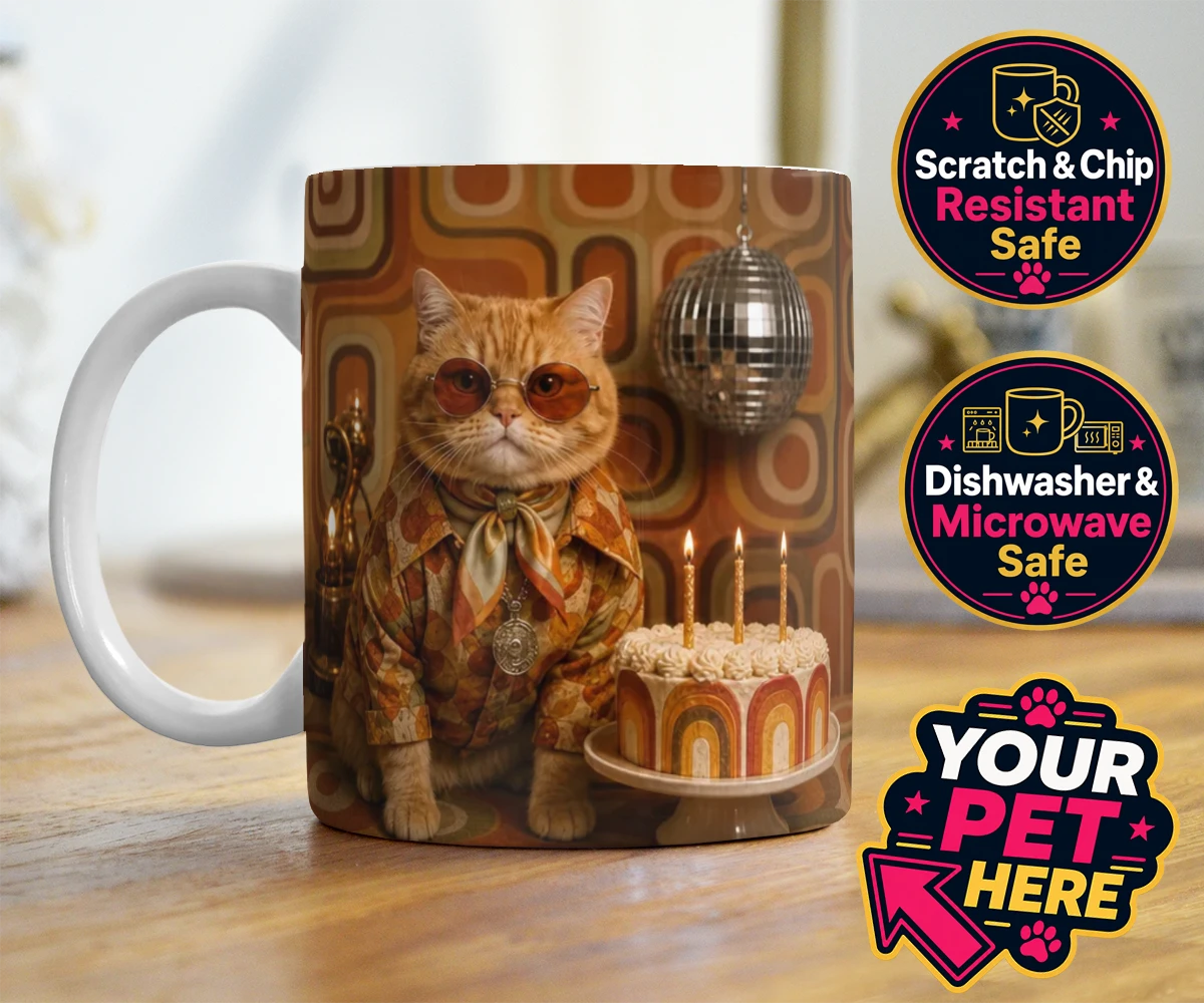 Personalised Boogie Cat cat photo mugs featuring meet Boogie Cat, a whimsical embodiment of feline flair and flair for