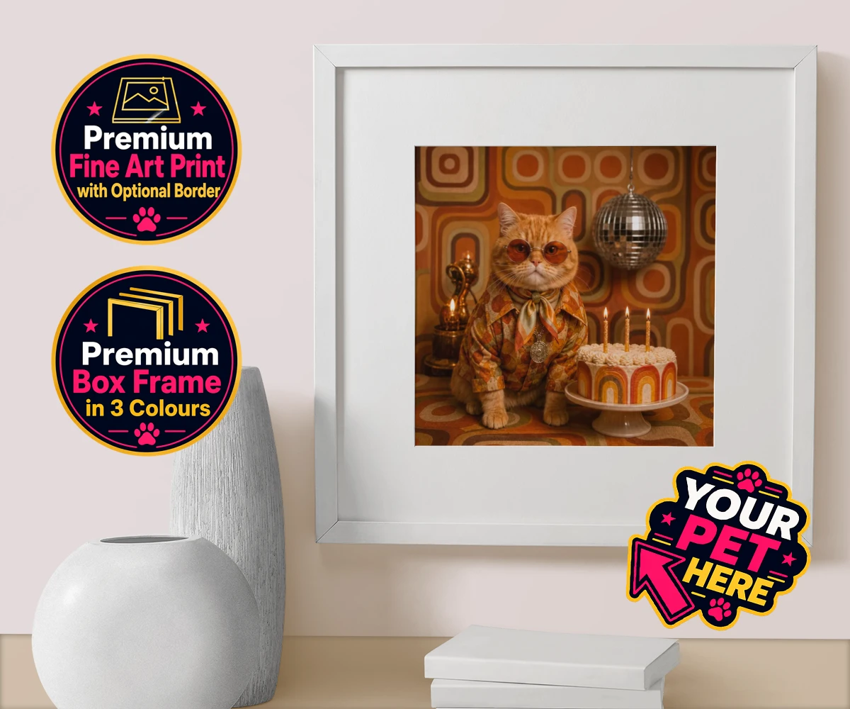 Personalised Boogie Cat cat box framed print featuring meet Boogie Cat, a whimsical embodiment of feline flair and flair for