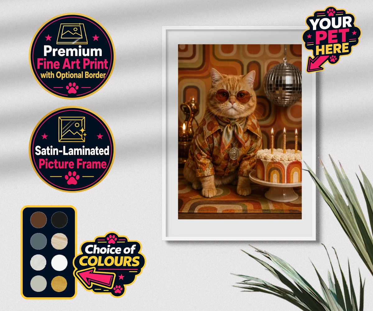 Personalised Boogie Cat cat premium framed print featuring meet Boogie Cat, a whimsical embodiment of feline flair and flair for