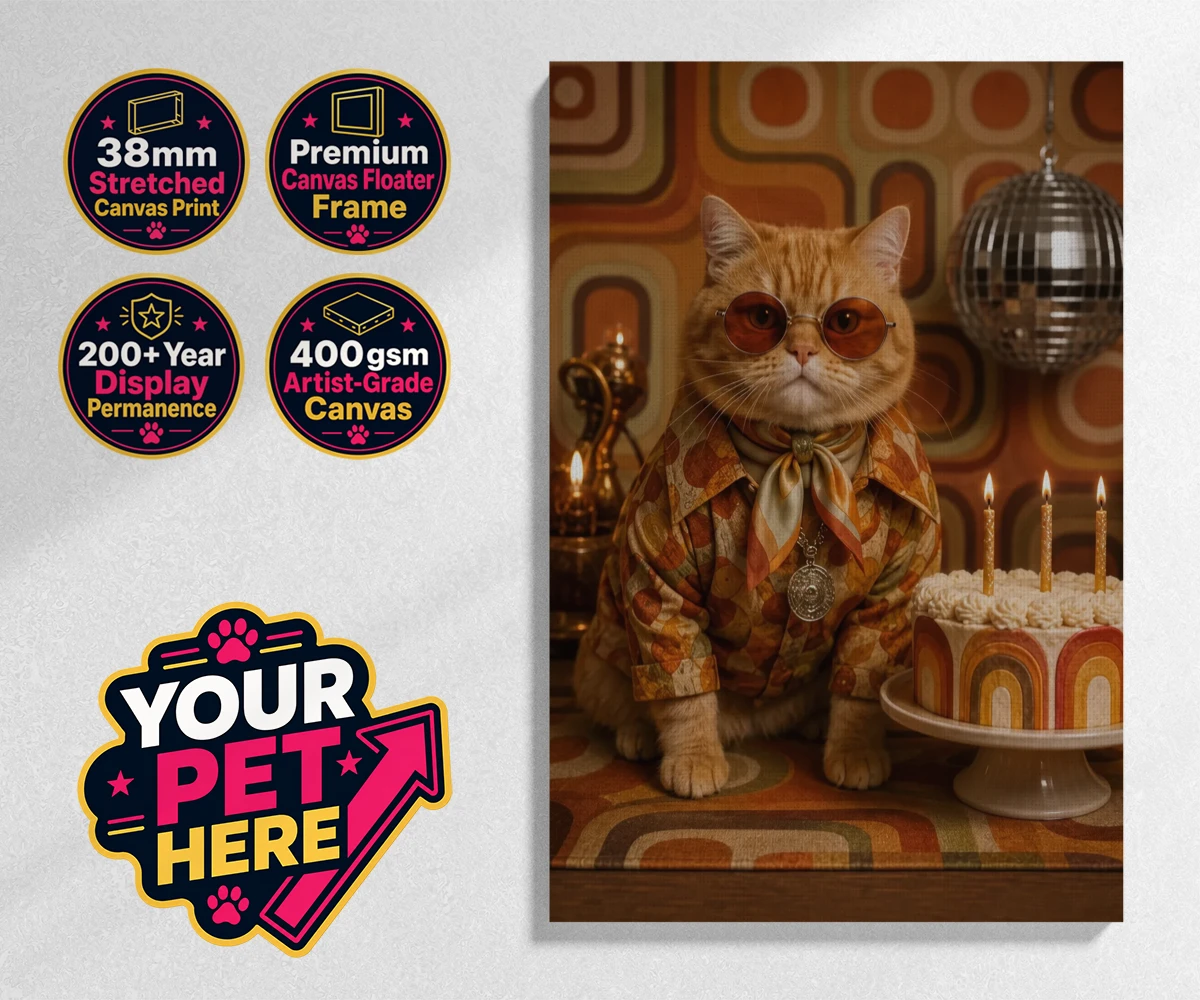 Personalised Boogie Cat cat stretched canvas print featuring meet Boogie Cat, a whimsical embodiment of feline flair and flair for