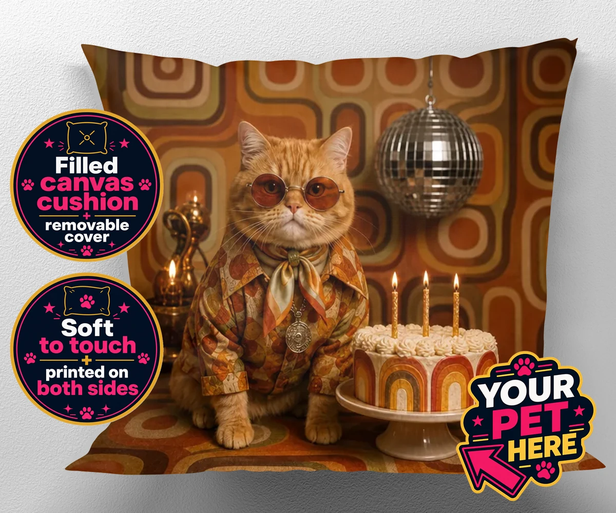 Personalised canvas cushion featuring Boogie Cat, a cat in oversized sunglasses and a patterned shirt, with a festive birthday cake background.