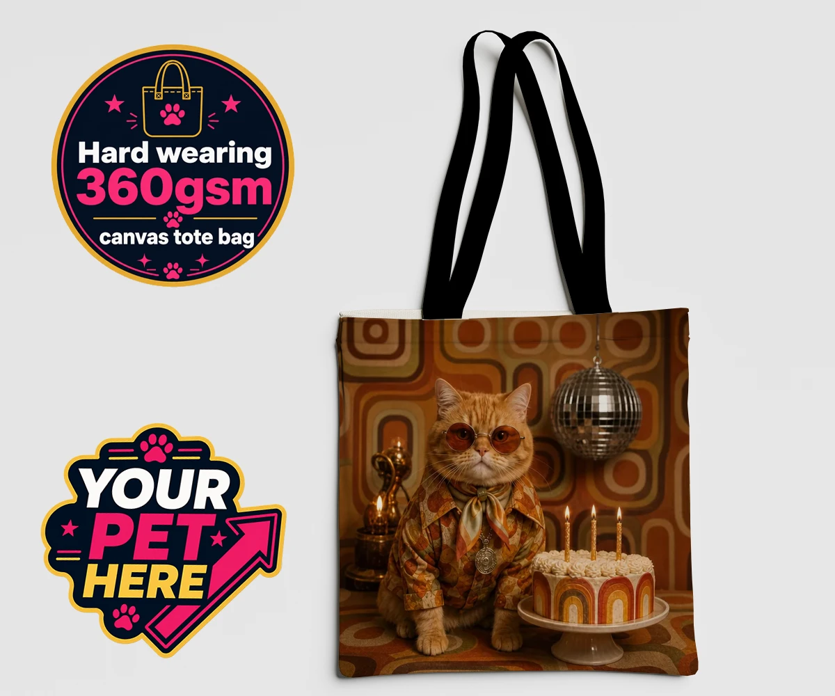 Personalised Boogie Cat canvas tote bag featuring a cat in oversized sunglasses and a patterned shirt