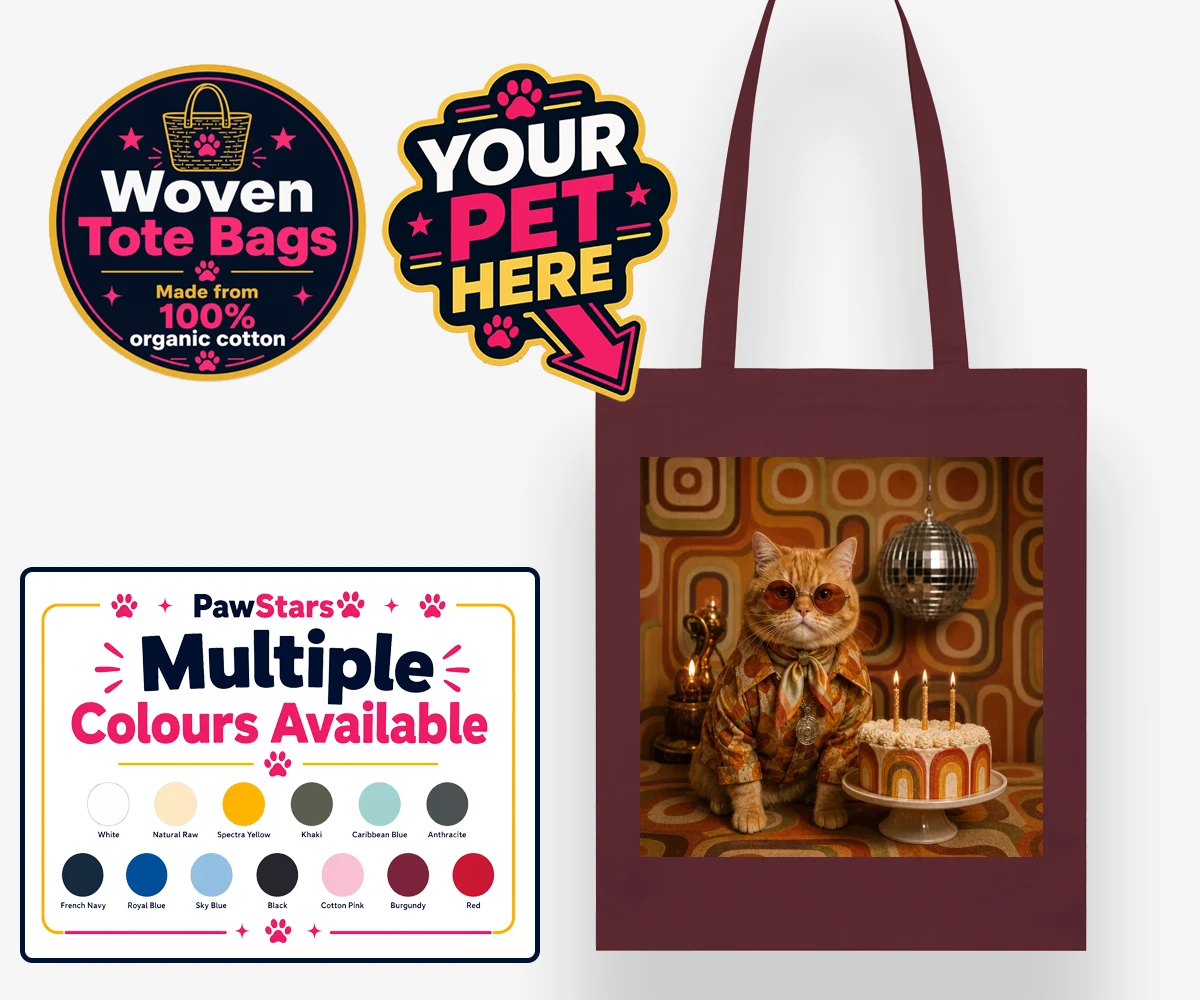Personalised woven tote bag featuring Boogie Cat, a cat in oversized sunglasses and a patterned shirt, set against a festive birthday cake.