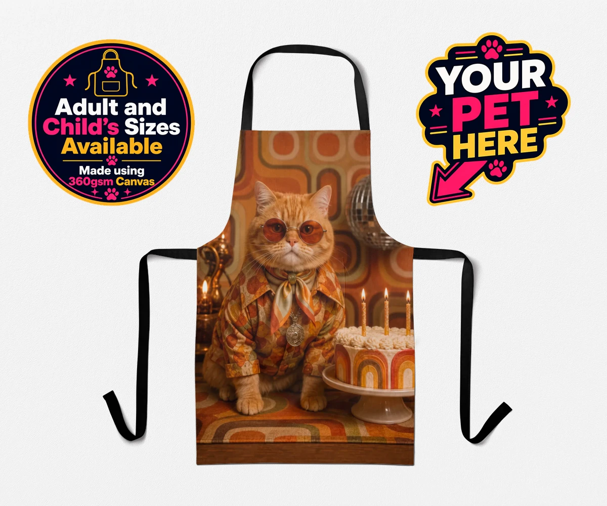 Personalised Boogie Cat apron featuring a cat in oversized sunglasses, a patterned shirt, and a birthday cake background