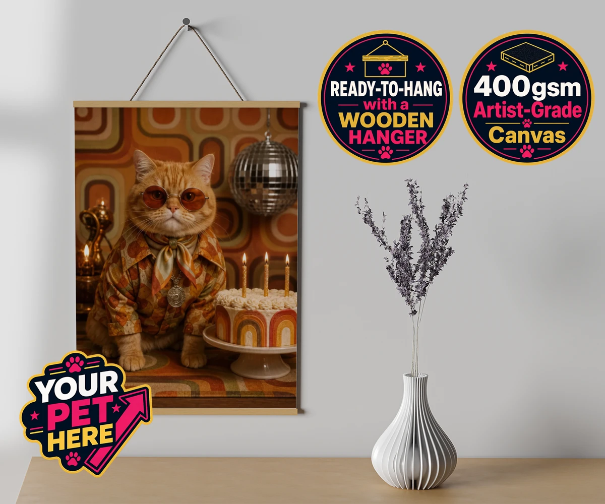 Personalised Boogie Cat cat canvas poster prints with hanger featuring meet Boogie Cat, a whimsical embodiment of feline flair and flair for