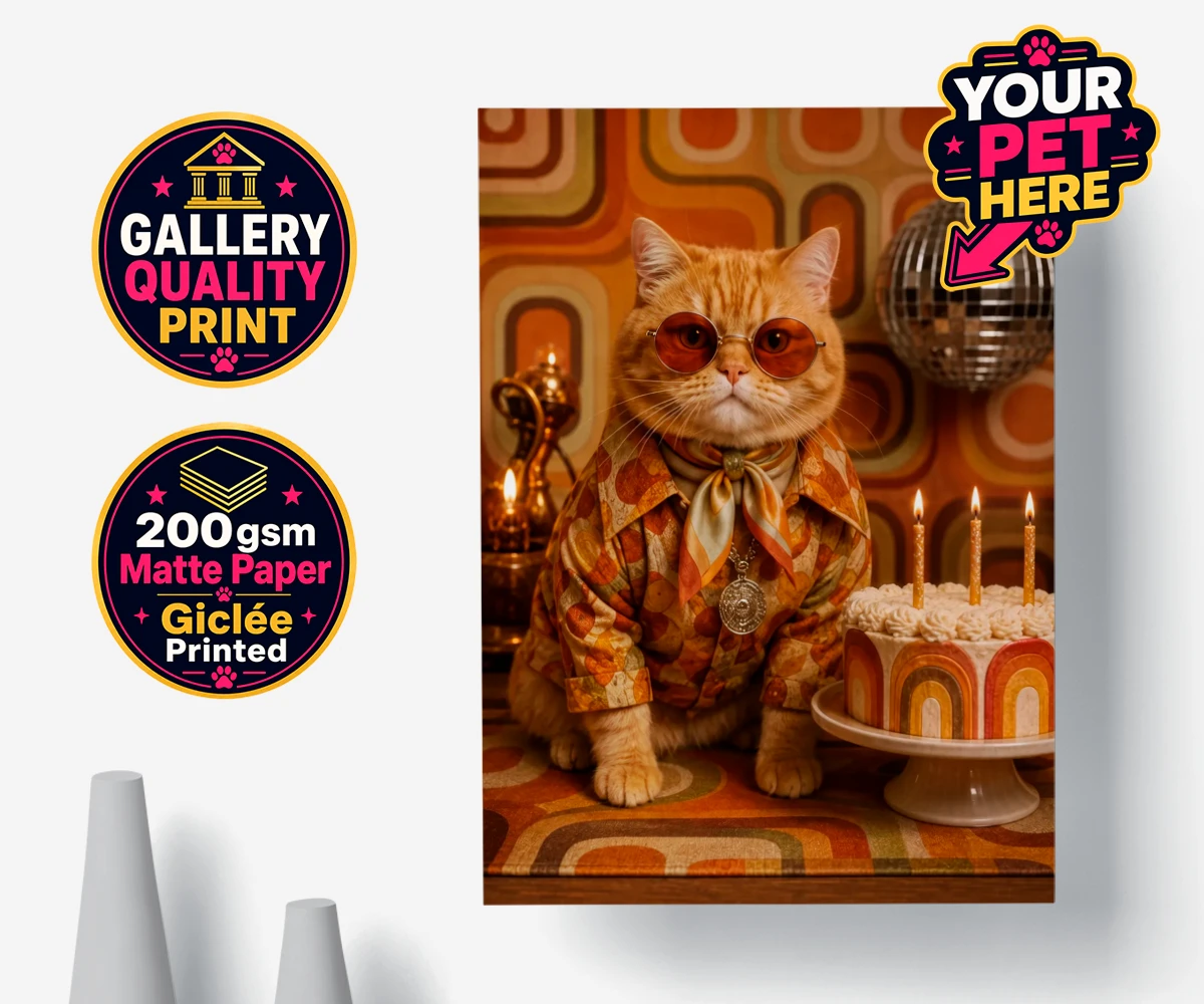 Personalised Boogie Cat cat premium poster print featuring meet Boogie Cat, a whimsical embodiment of feline flair and flair for