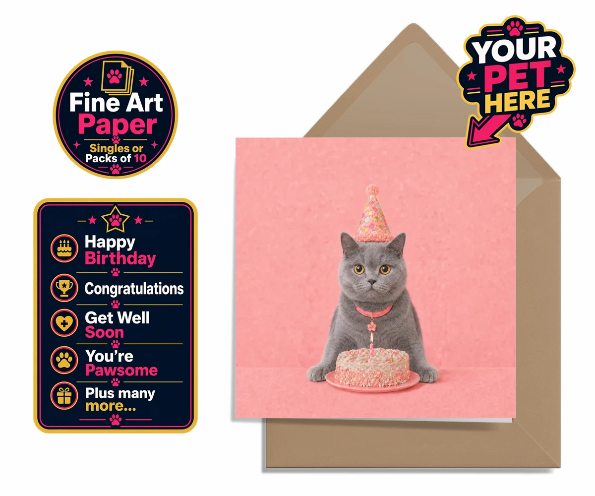 Personalised Birthday Girl cat premium greetings cards featuring celebrate your feline friend’s special day with our delightful “Birthd