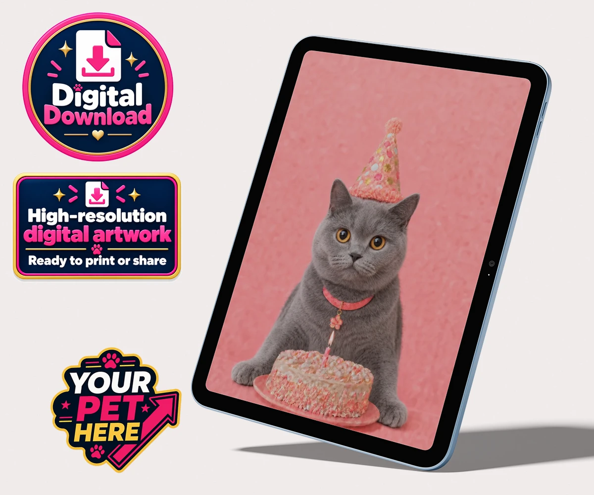 Personalised Birthday Girl cat portrait digital download featuring a cat in a party hat beside a cake in a pink setting