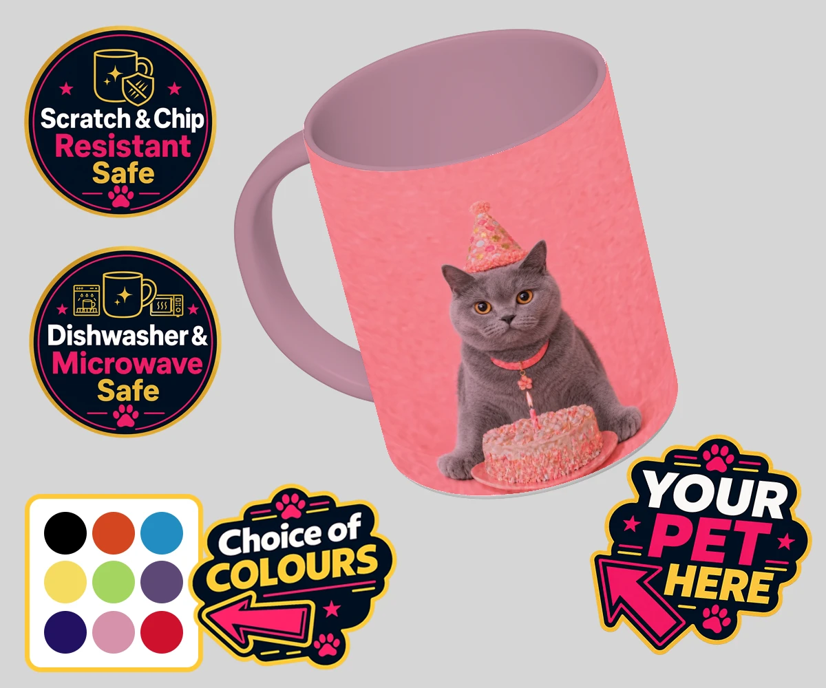 Personalised Birthday Girl cat coloured photo mugs featuring celebrate your feline friend’s special day with our delightful “Birthd