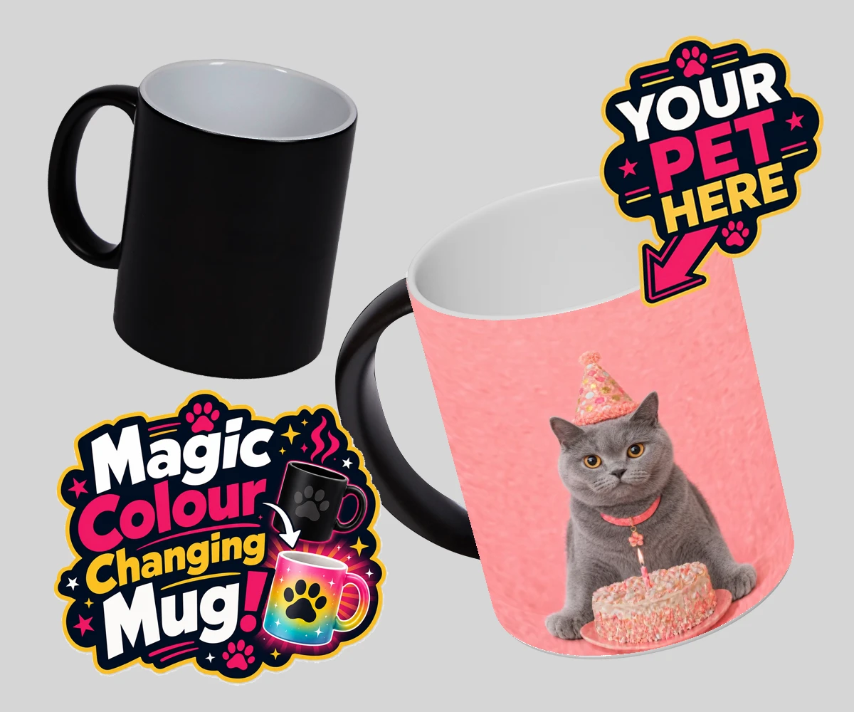 Personalised Birthday Girl cat magic photo mugs featuring celebrate your feline friend’s special day with our delightful “Birthd