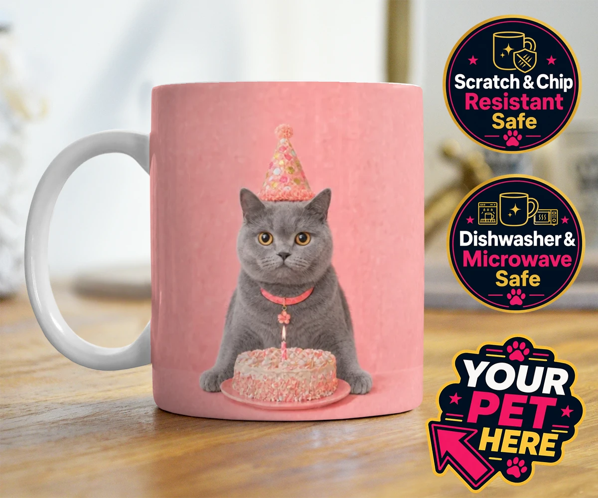 Personalised Birthday Girl cat photo mugs featuring celebrate your feline friend’s special day with our delightful “Birthd