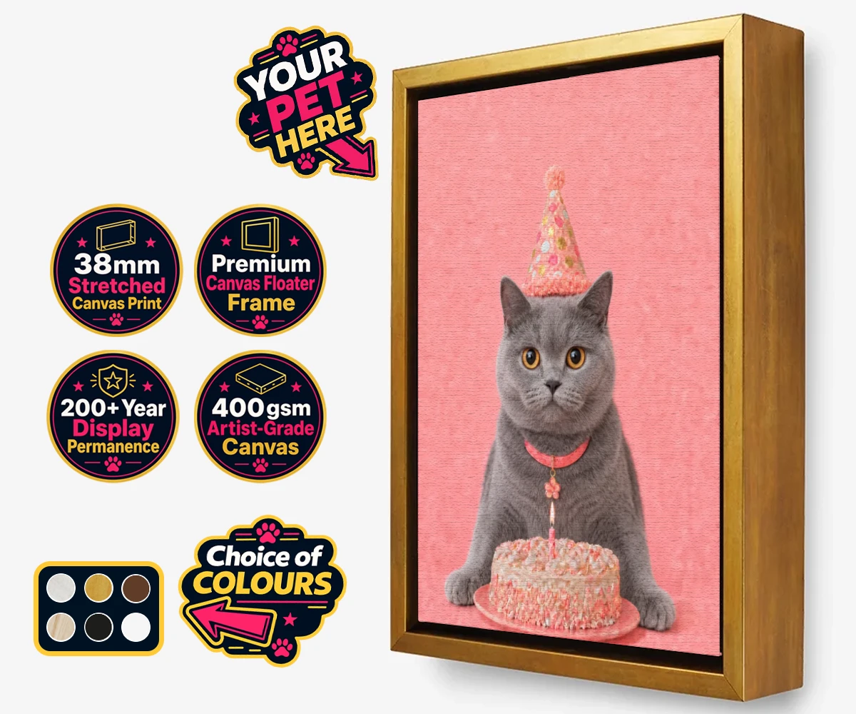 Personalised Birthday Girl cat framed canvas print featuring celebrate your feline friend’s special day with our delightful “Birthd