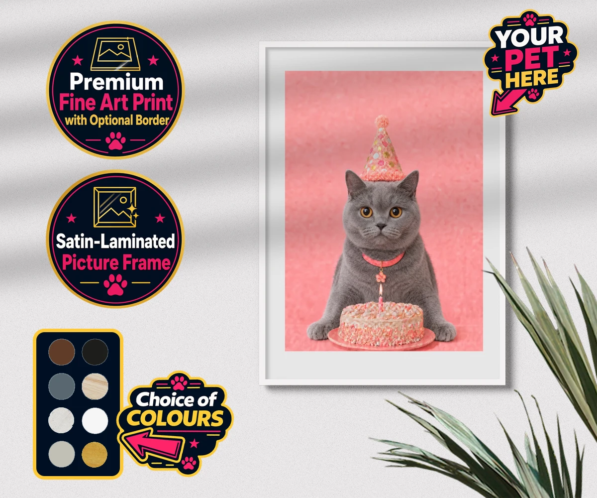 Personalised Birthday Girl cat premium framed print featuring celebrate your feline friend’s special day with our delightful “Birthd