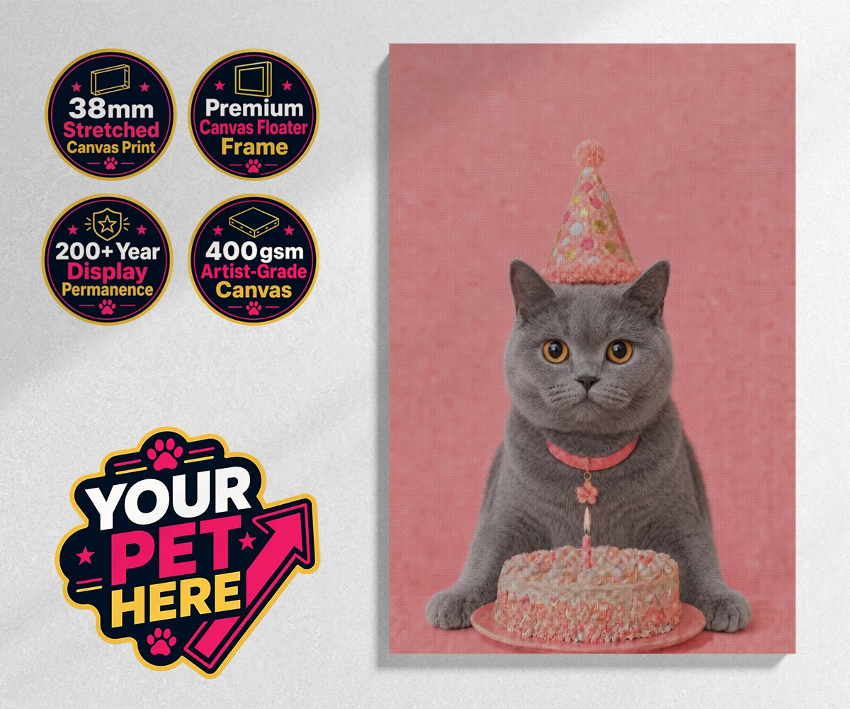 Personalised Birthday Girl cat stretched canvas print featuring celebrate your feline friend’s special day with our delightful “Birthd