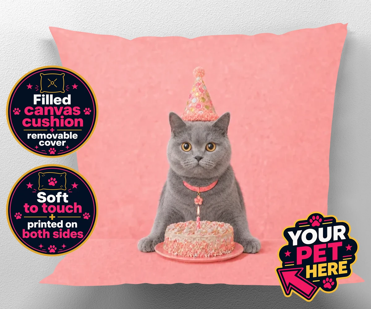 Personalised Birthday Girl canvas cushion featuring a cat in a sparkly party hat beside a cake.
