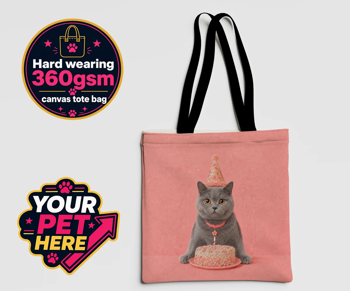 Personalised Birthday Girl cat tote bag featuring a cat in a sparkly party hat next to a cake
