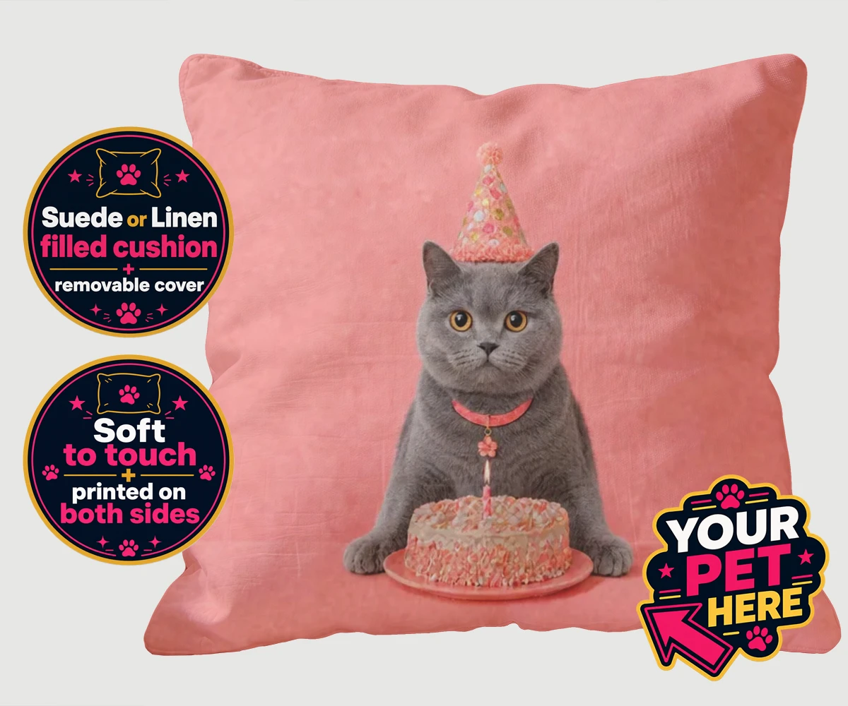 Personalised cushion featuring Birthday Girl cat in a sparkly party hat sitting beside a cake