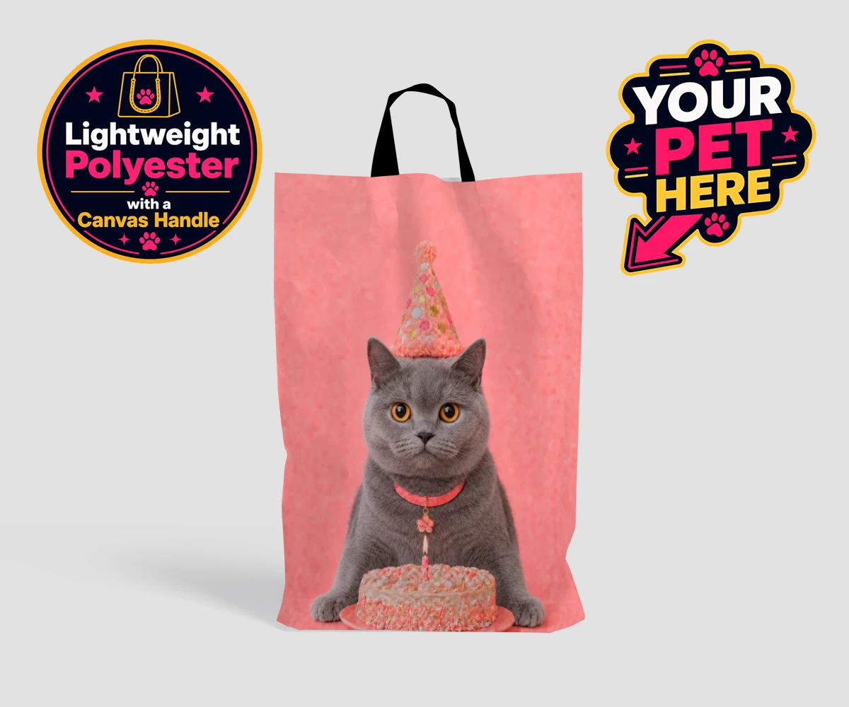 Personalised shopping bag featuring Birthday Girl cat in a sparkly hat beside a cake