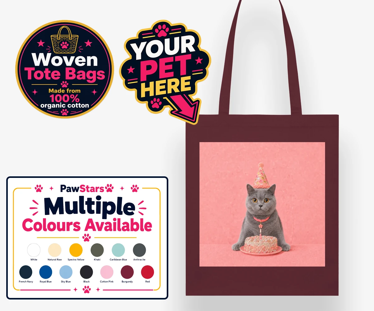 Personalised Birthday Girl cat woven tote bag featuring a cat in a party hat next to a cake