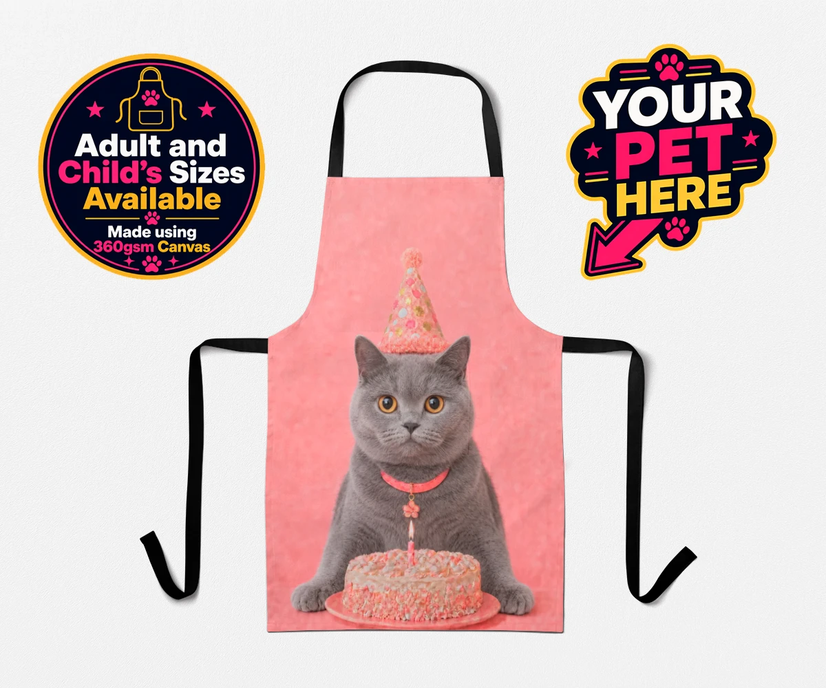 Personalised Birthday Girl Cat Apron featuring a cat in a sparkly party hat beside a cake