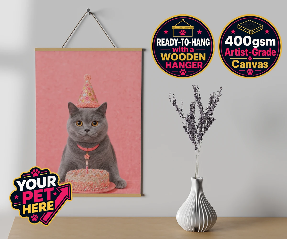 Personalised Birthday Girl cat canvas poster prints with hanger featuring celebrate your feline friend’s special day with our delightful “Birthd