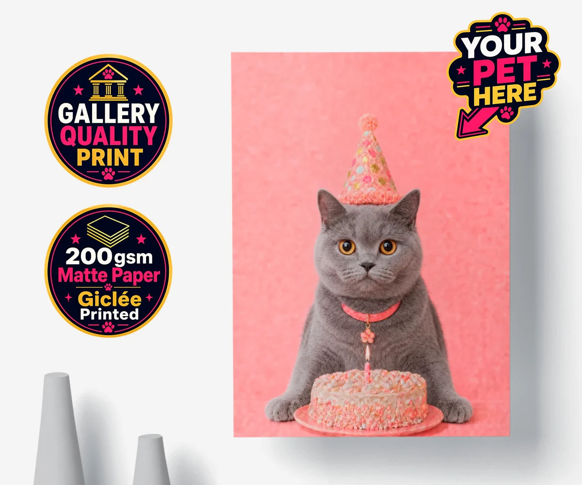 Personalised Birthday Girl cat premium poster print featuring celebrate your feline friend’s special day with our delightful “Birthd