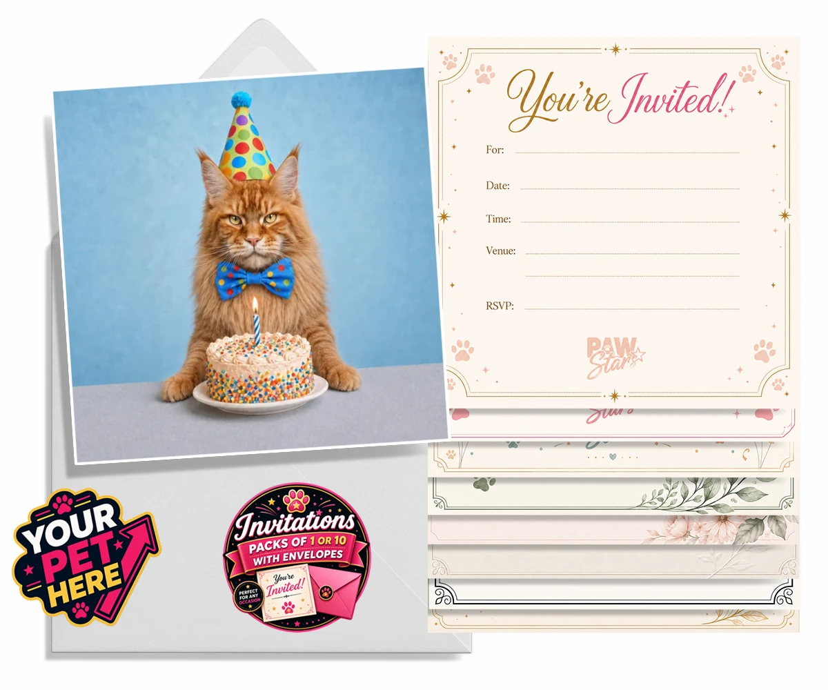Personalised Birthday Boy cat invitations featuring meet our delightful Birthday Boy, the purr-fect addition to any cat lo