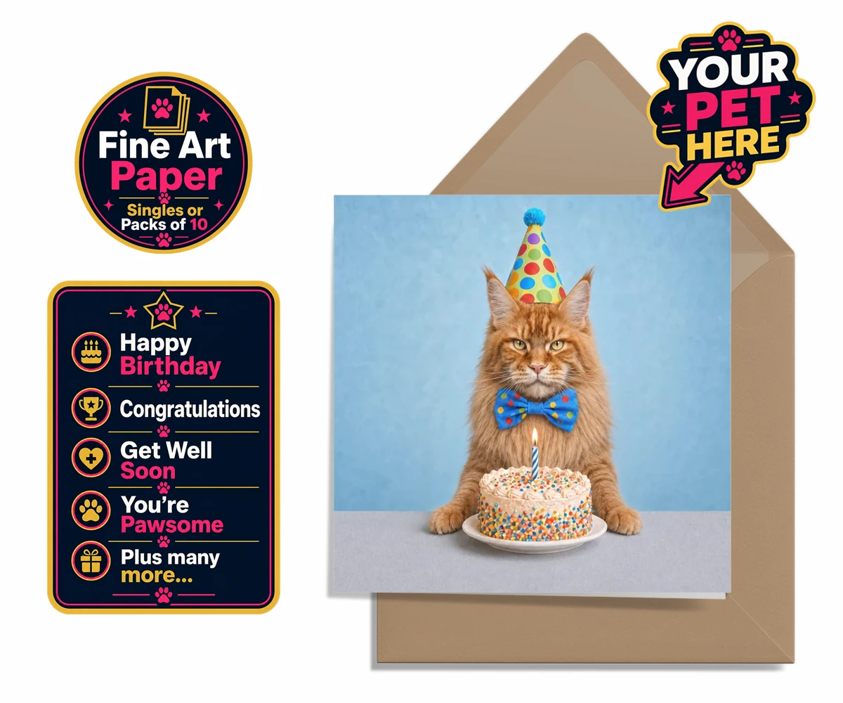 Personalised Birthday Boy cat premium greetings cards featuring meet our delightful Birthday Boy, the purr-fect addition to any cat lo
