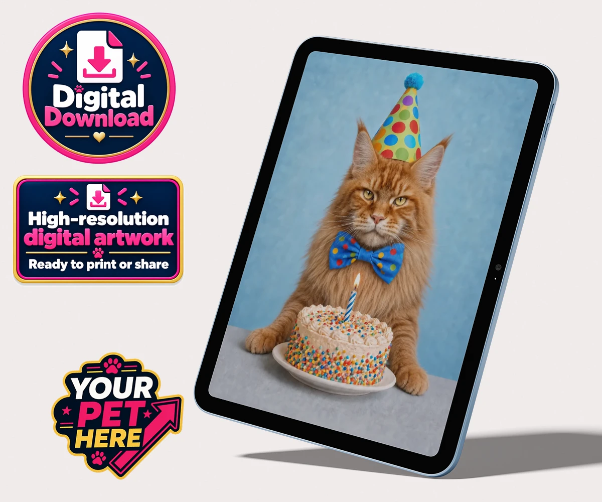 Personalised digital portrait of Birthday Boy the cat with a polka-dot party hat and bow tie beside a birthday cake
