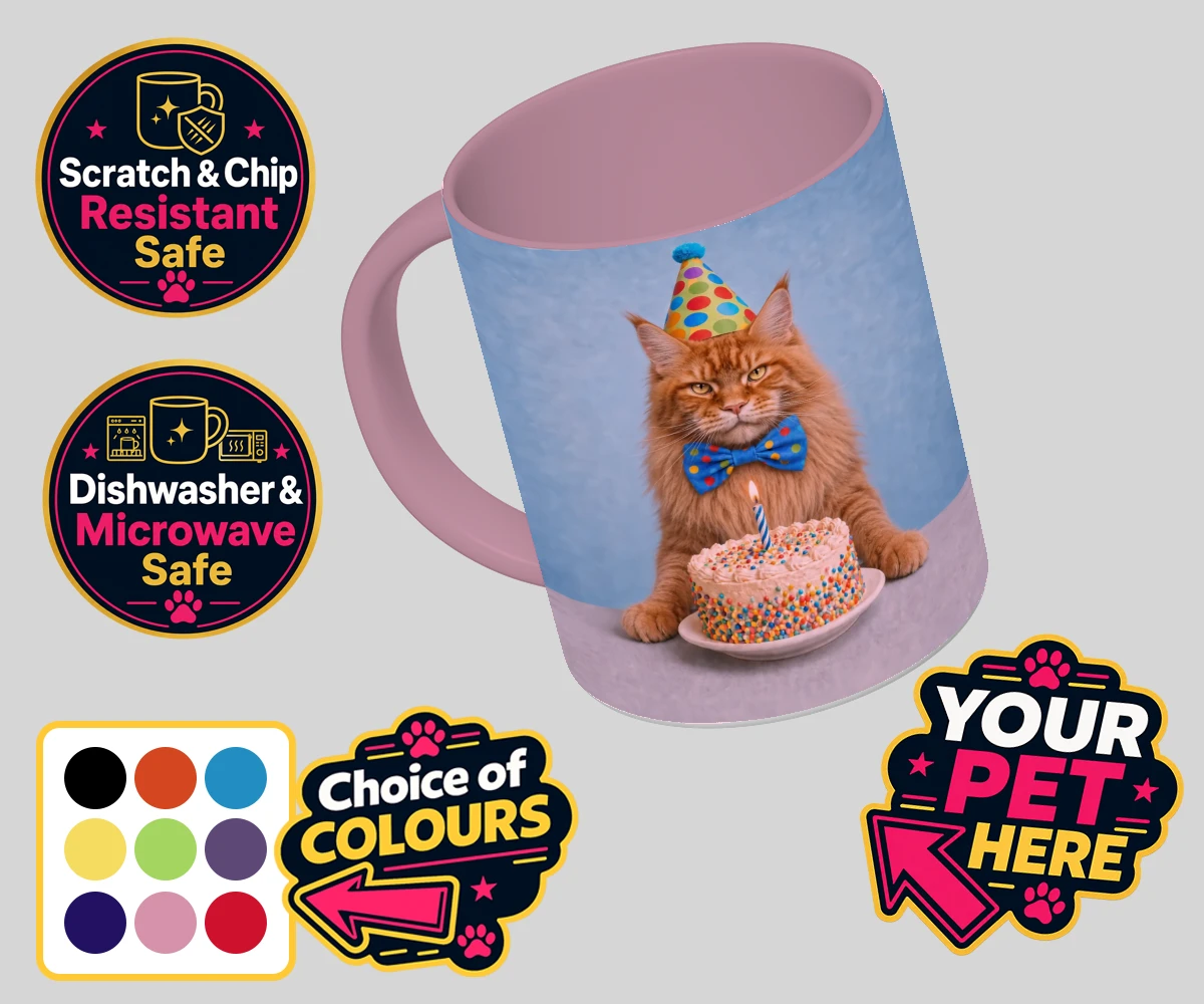 Personalised Birthday Boy cat coloured photo mugs featuring meet our delightful Birthday Boy, the purr-fect addition to any cat lo