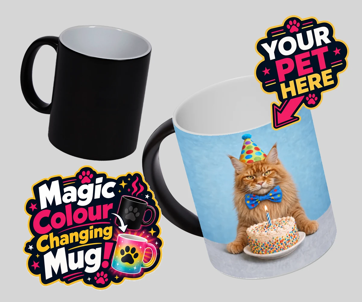 Personalised Birthday Boy cat magic photo mugs featuring meet our delightful Birthday Boy, the purr-fect addition to any cat lo